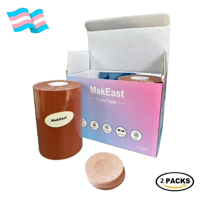 MakEast 2 Rolls Trans Tape for Transitioning Extra Wide Chest Binding Tape Latex Free FTM Chest Binder with Nipple Covers Ultra Sticky Waterproof & Flexible 4 in X 16.5 ft (Tan) - Image 3